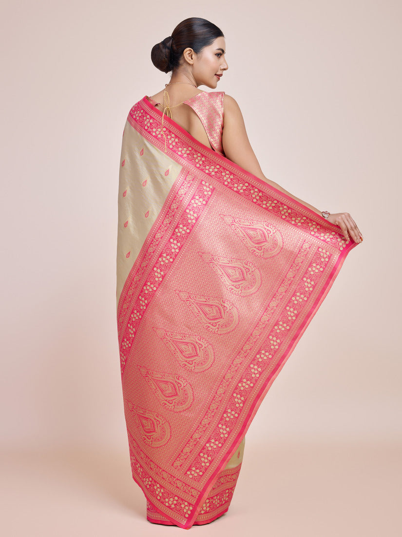 Monjolika Fashion Glamour And Tradition With This Zari Woven Banarasi Tissue Silk Cream Saree | Grocsy