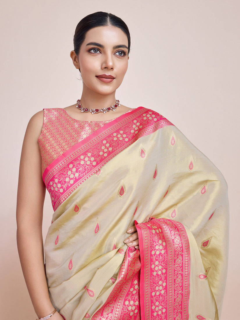 Monjolika Fashion Glamour And Tradition With This Zari Woven Banarasi Tissue Silk Cream Saree | Grocsy