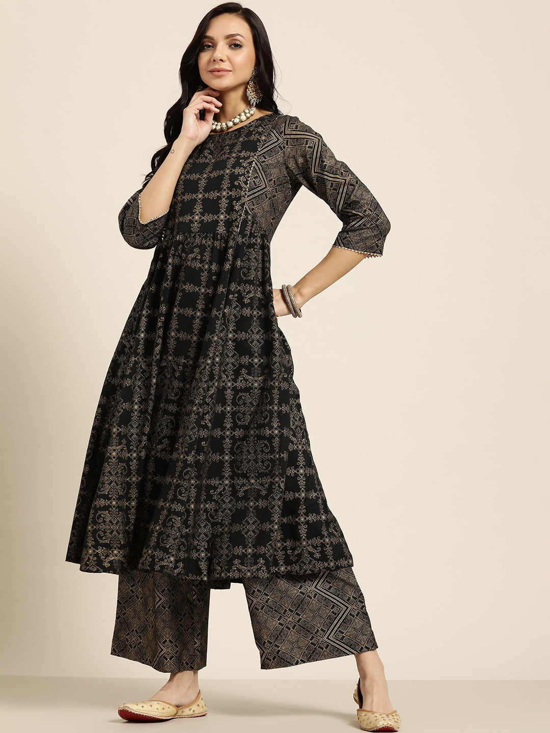 Sangria Women Black & Golden Ethnic Motifs Printed Pure Cotton Kurta with Palazzos | Grocsy