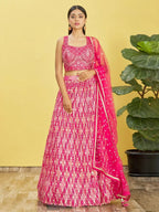 Tulsi Art Beautiful Pink Mirror Work Chinon Reception Wear Lehenga Choli | Grocsy