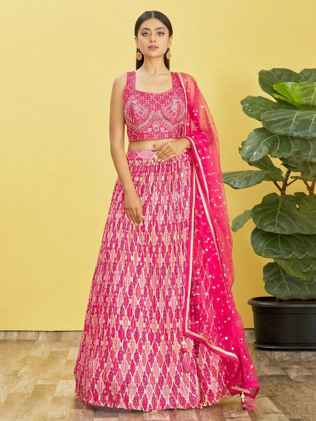 Tulsi Art Beautiful Pink Mirror Work Chinon Reception Wear Lehenga Choli | Grocsy