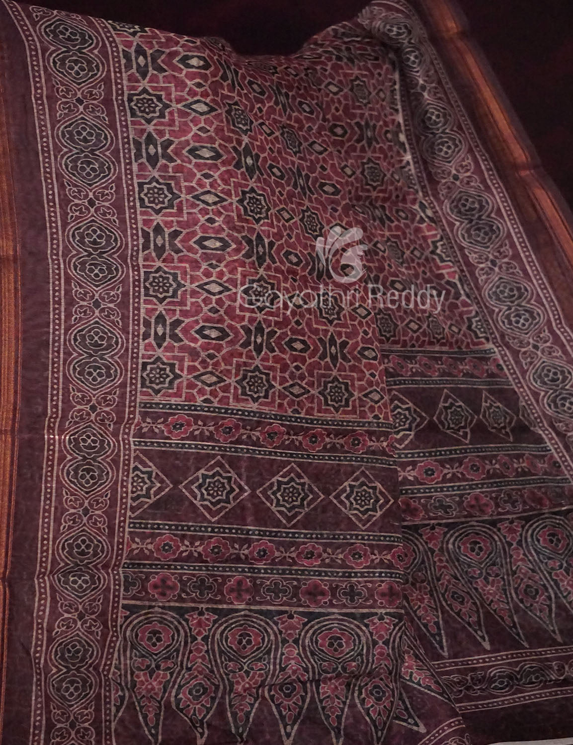 Red Onion Colour Ajrakh Design Semi Chanderi Saree By Gayathri Reddy Designer Studio | Grocsy