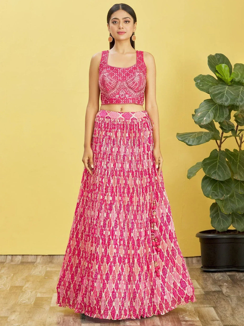 Tulsi Art Beautiful Pink Mirror Work Chinon Reception Wear Lehenga Choli | Grocsy