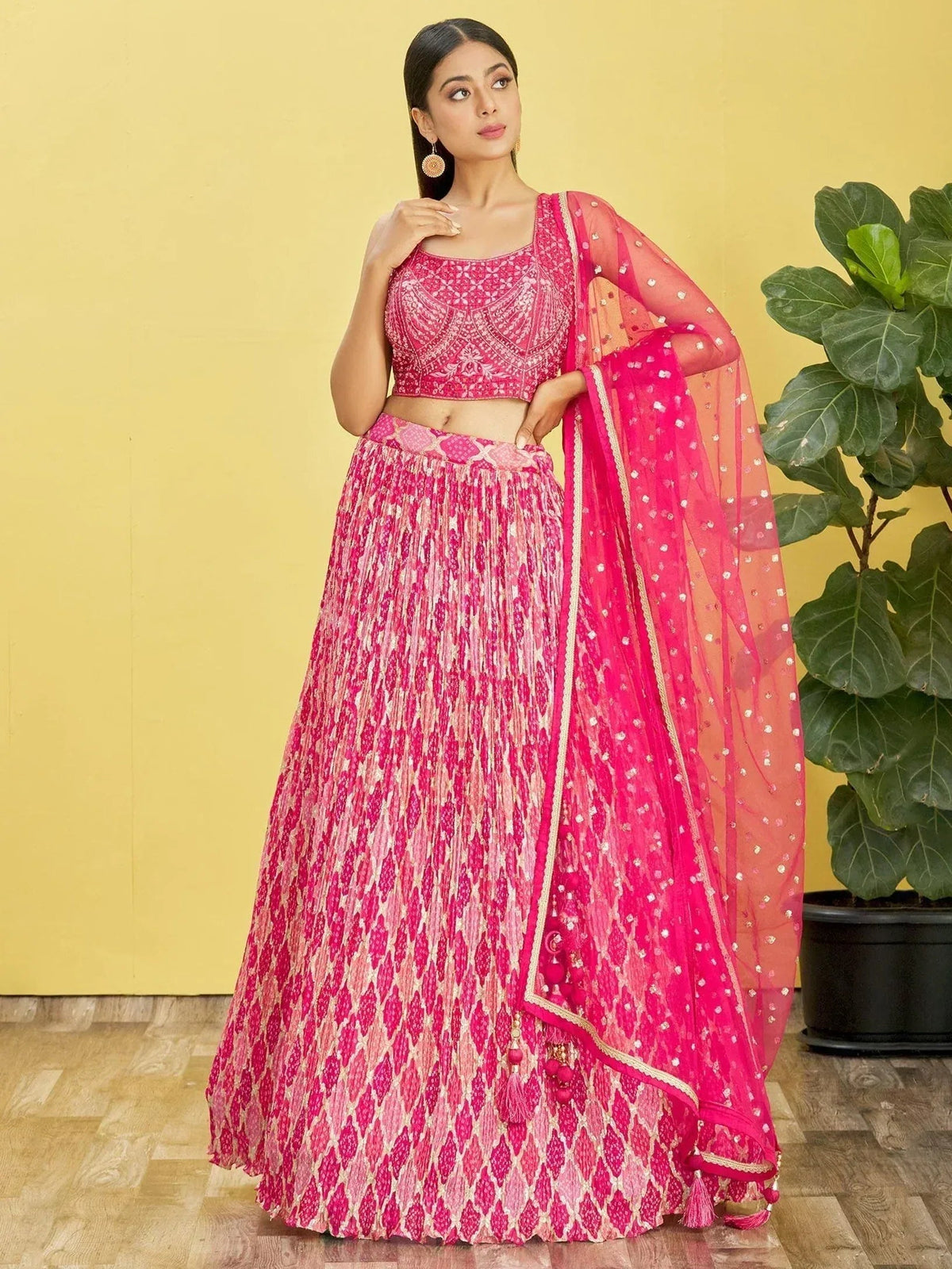 Tulsi Art Beautiful Pink Mirror Work Chinon Reception Wear Lehenga Choli | Grocsy
