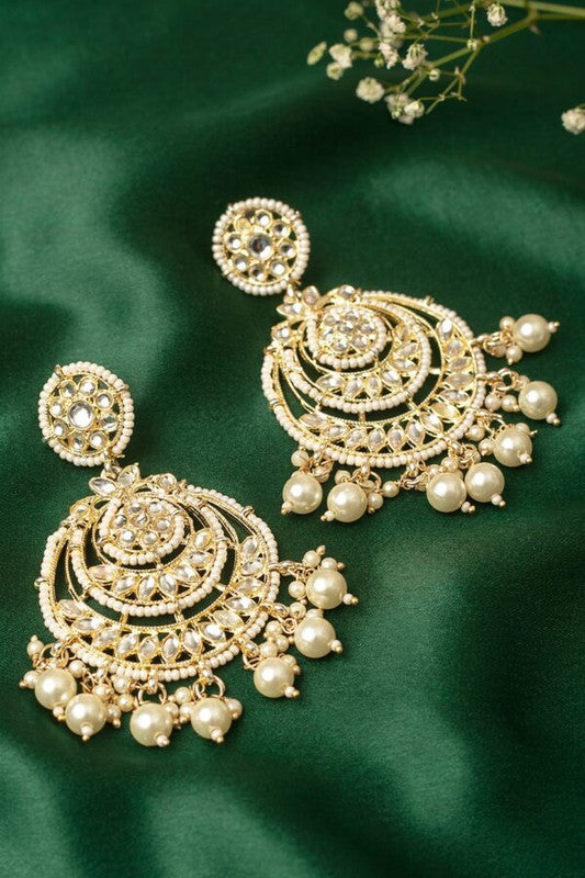 Tehzeeb Creations Gold-Polished Traditional Chandbali Drop Kundan & Pearl Earring For Women | Grocsy