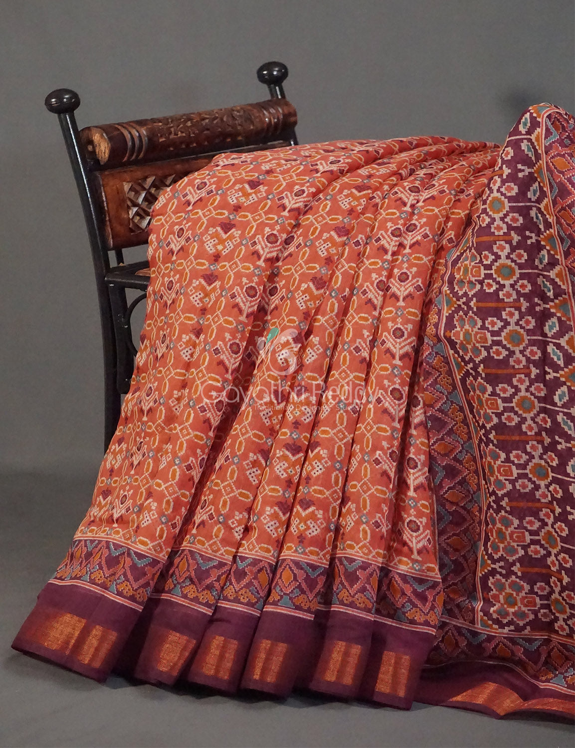 Orange And Mauve Burgundy Colour Patola Print Semi Chanderi Saree By Gayathri Reddy Designer Studio | Grocsy