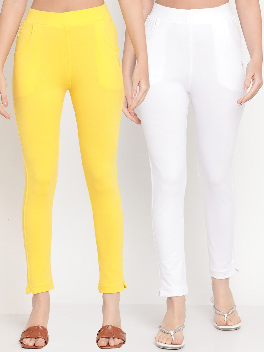 TAG 7 Women Yellow & White Pack of 2 Straight Fit Ankle-Length Leggings | Grocsy