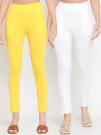 TAG 7 Women Yellow & White Pack of 2 Straight Fit Ankle-Length Leggings | Grocsy