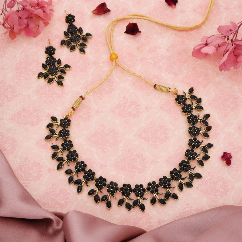 Tehzeeb Creations Special Exquisite White & Black Studded Gold-Polished Choker Necklace Set & Pair of Earring Set | Grocsy