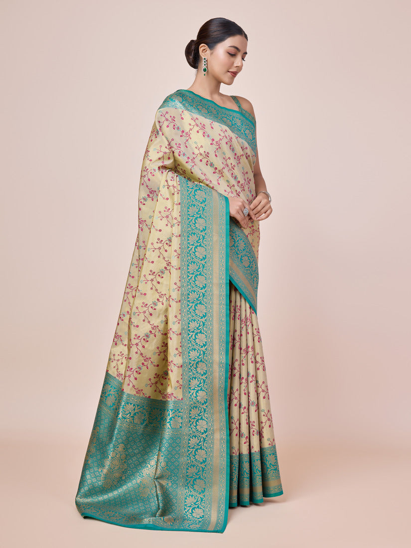 Monjolika Fashion Cream Banarasi Tissue Silk SareeWith Zari Woven Work | Grocsy