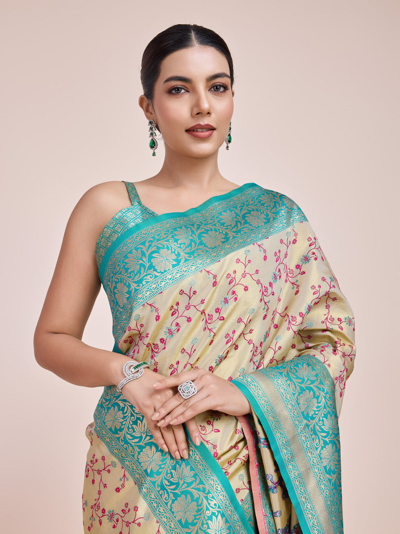 Monjolika Fashion Cream Banarasi Tissue Silk SareeWith Zari Woven Work | Grocsy