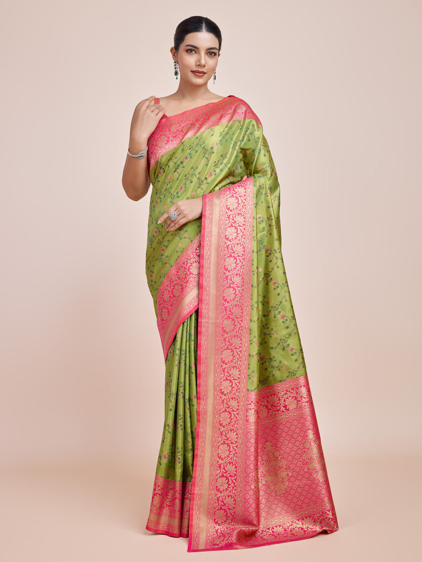 Monjolika Fashion Parrot Green Banarasi Tissue Silk SareeWith Zari Woven Work | Grocsy