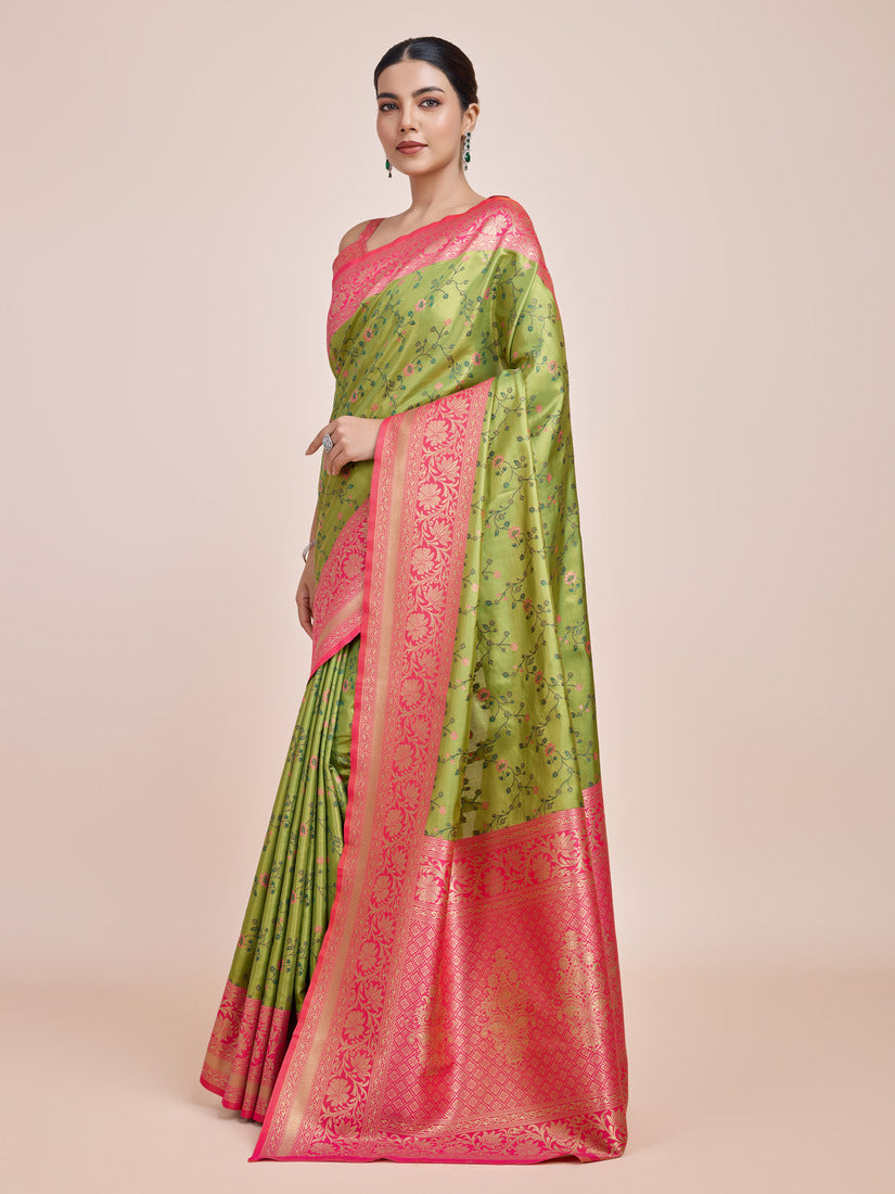 Monjolika Fashion Parrot Green Banarasi Tissue Silk SareeWith Zari Woven Work | Grocsy