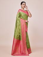 Monjolika Fashion Parrot Green Banarasi Tissue Silk SareeWith Zari Woven Work | Grocsy
