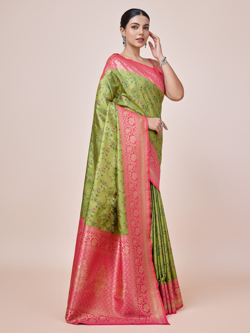 Monjolika Fashion Parrot Green Banarasi Tissue Silk SareeWith Zari Woven Work | Grocsy
