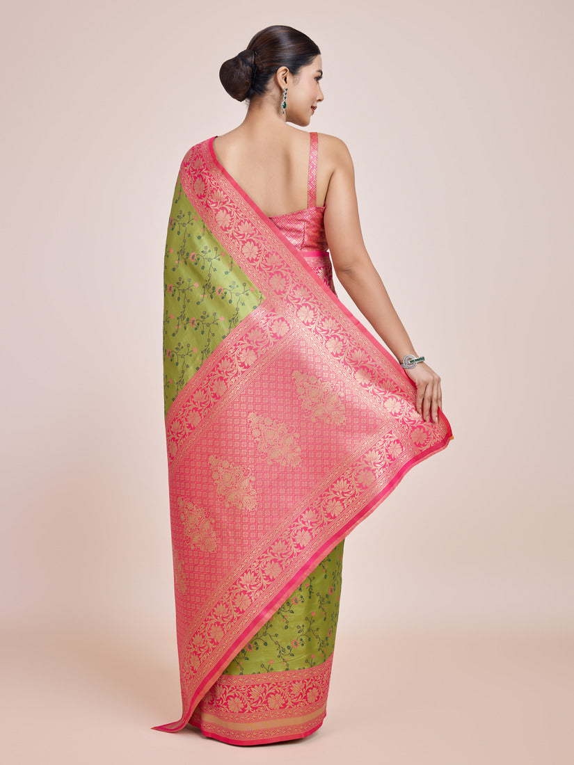 Monjolika Fashion Parrot Green Banarasi Tissue Silk SareeWith Zari Woven Work | Grocsy