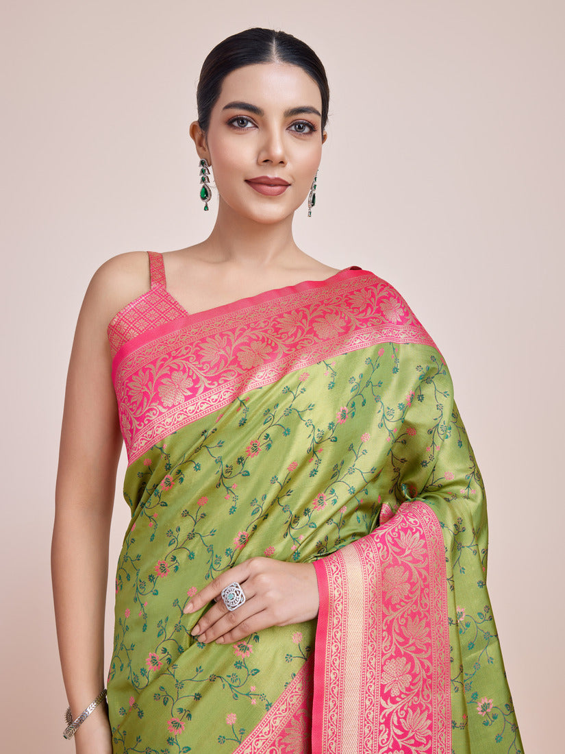 Monjolika Fashion Parrot Green Banarasi Tissue Silk SareeWith Zari Woven Work | Grocsy