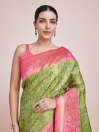 Monjolika Fashion Parrot Green Banarasi Tissue Silk SareeWith Zari Woven Work | Grocsy