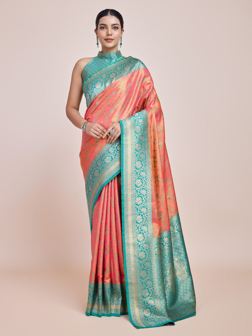 Monjolika Fashion Peach Banarasi Tissue Silk SareeWith Zari Woven Work | Grocsy