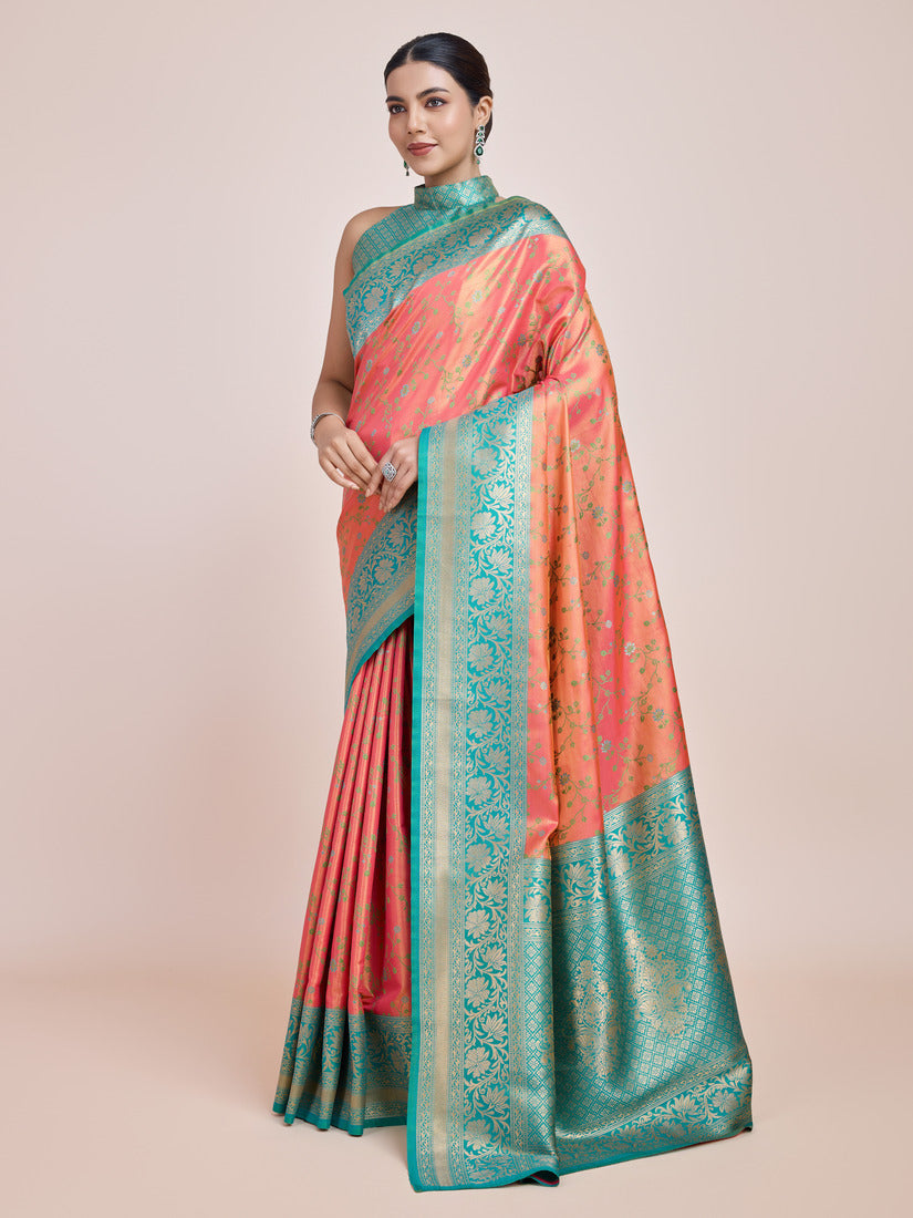 Monjolika Fashion Peach Banarasi Tissue Silk SareeWith Zari Woven Work | Grocsy