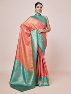 Monjolika Fashion Peach Banarasi Tissue Silk SareeWith Zari Woven Work | Grocsy