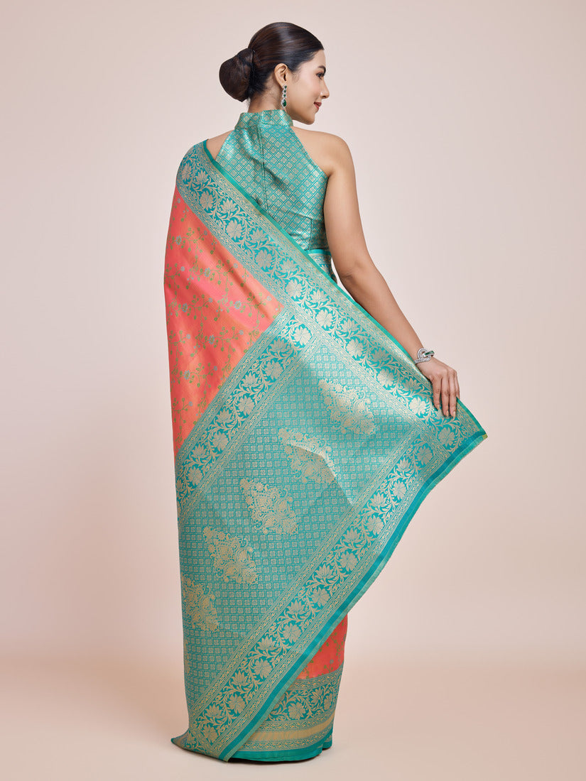 Monjolika Fashion Peach Banarasi Tissue Silk SareeWith Zari Woven Work | Grocsy