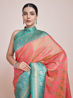 Monjolika Fashion Peach Banarasi Tissue Silk SareeWith Zari Woven Work | Grocsy