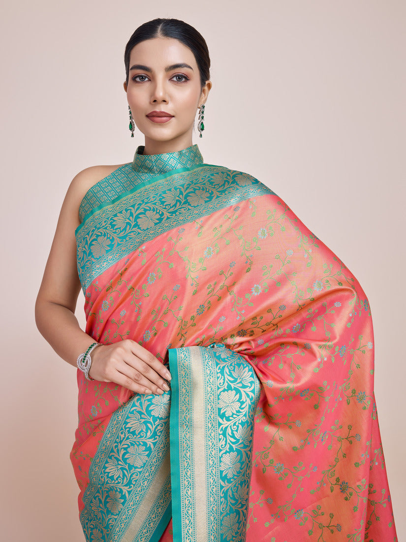 Monjolika Fashion Peach Banarasi Tissue Silk SareeWith Zari Woven Work | Grocsy
