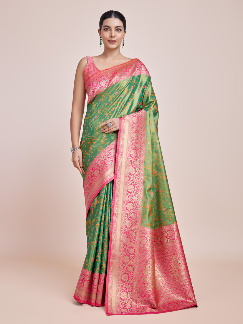 Monjolika Fashion Green Banarasi Tissue Silk SareeWith Zari Woven Work | Grocsy