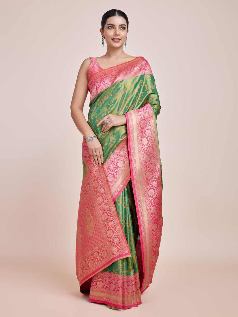 Monjolika Fashion Green Banarasi Tissue Silk SareeWith Zari Woven Work | Grocsy