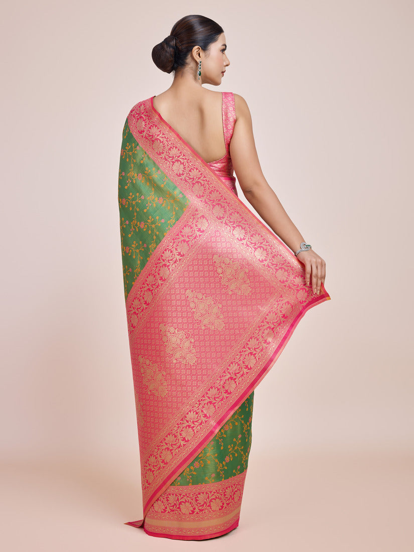 Monjolika Fashion Green Banarasi Tissue Silk SareeWith Zari Woven Work | Grocsy