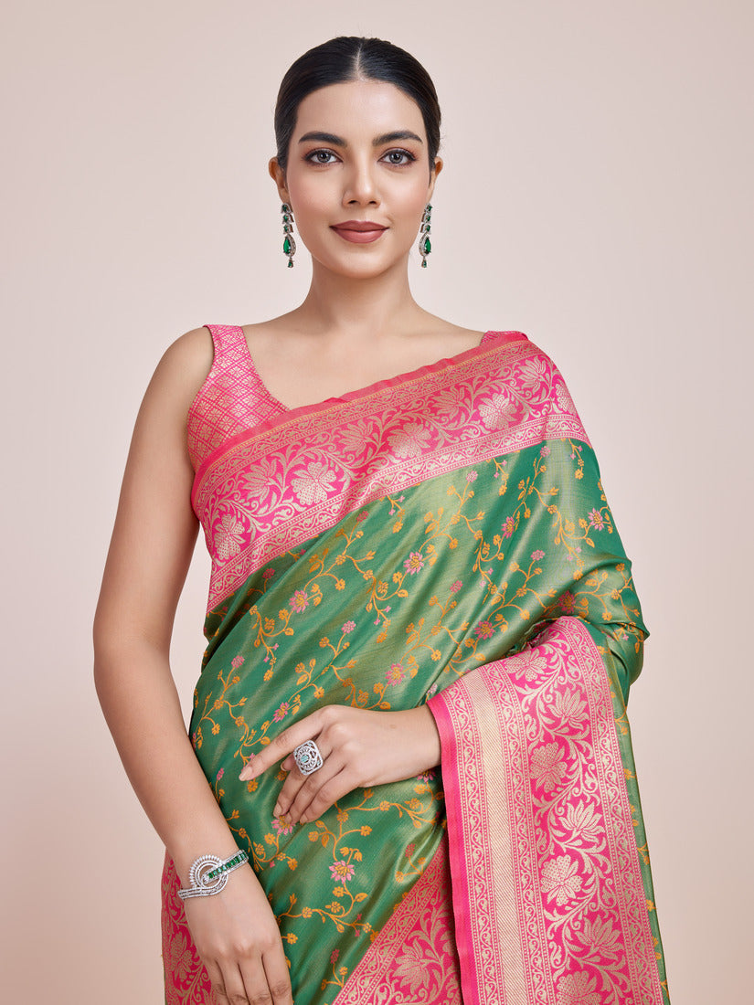 Monjolika Fashion Green Banarasi Tissue Silk SareeWith Zari Woven Work | Grocsy