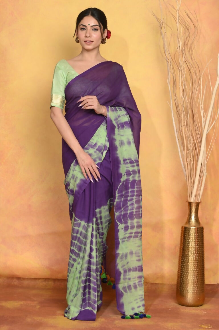 Very Much Indian Tie & Dye Handloom Mul Cotton Saree - Blue Green | Grocsy