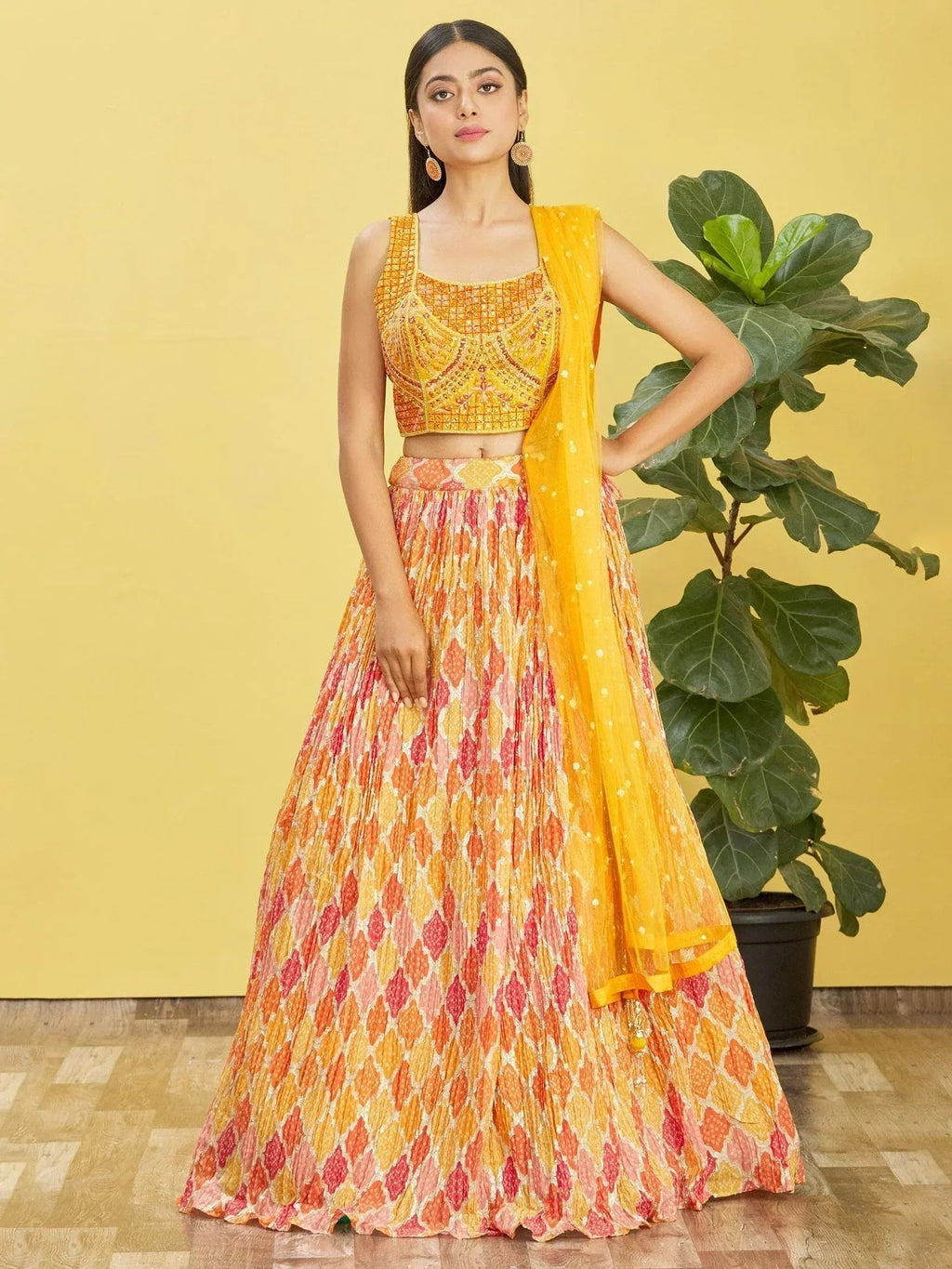 Tulsi Art Sunshine Yellow Mirror Work Chinon Haldi Wear Lehenga Choli | Grocsy