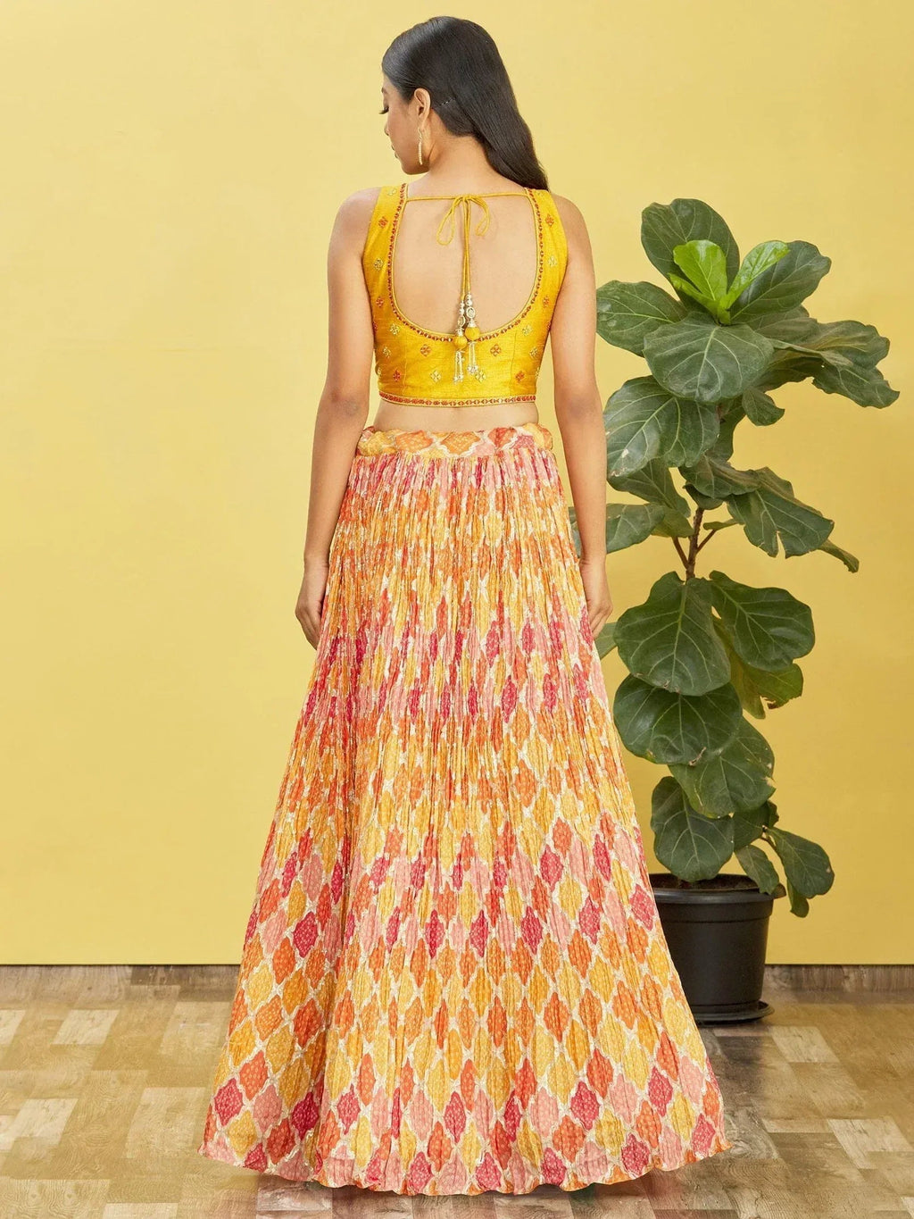 Tulsi Art Sunshine Yellow Mirror Work Chinon Haldi Wear Lehenga Choli | Grocsy