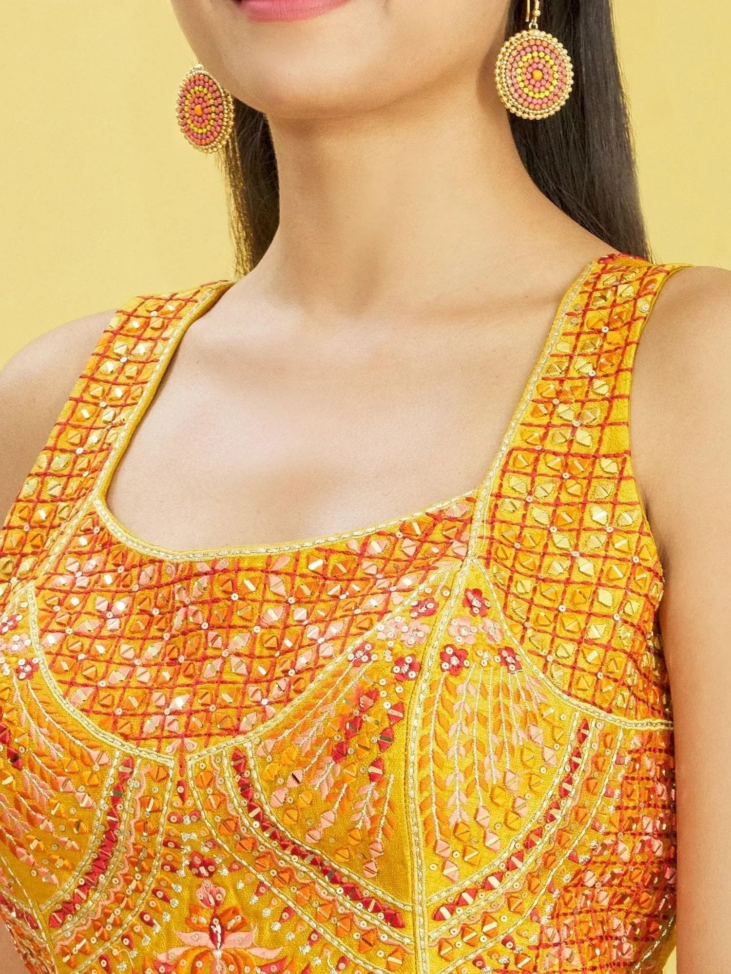 Tulsi Art Sunshine Yellow Mirror Work Chinon Haldi Wear Lehenga Choli | Grocsy