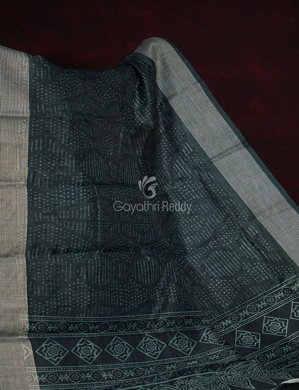 Bottle Green Self Printed Semi Chanderi Saree By Gayathri Reddy Designer Studio | Grocsy