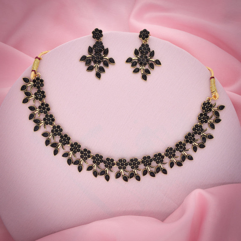 Tehzeeb Creations Special Exquisite White & Black Studded Gold-Polished Choker Necklace Set & Pair of Earring Set | Grocsy