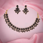 Tehzeeb Creations Special Exquisite White & Black Studded Gold-Polished Choker Necklace Set & Pair of Earring Set | Grocsy