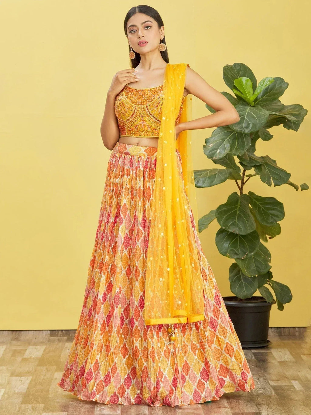 Tulsi Art Sunshine Yellow Mirror Work Chinon Haldi Wear Lehenga Choli | Grocsy