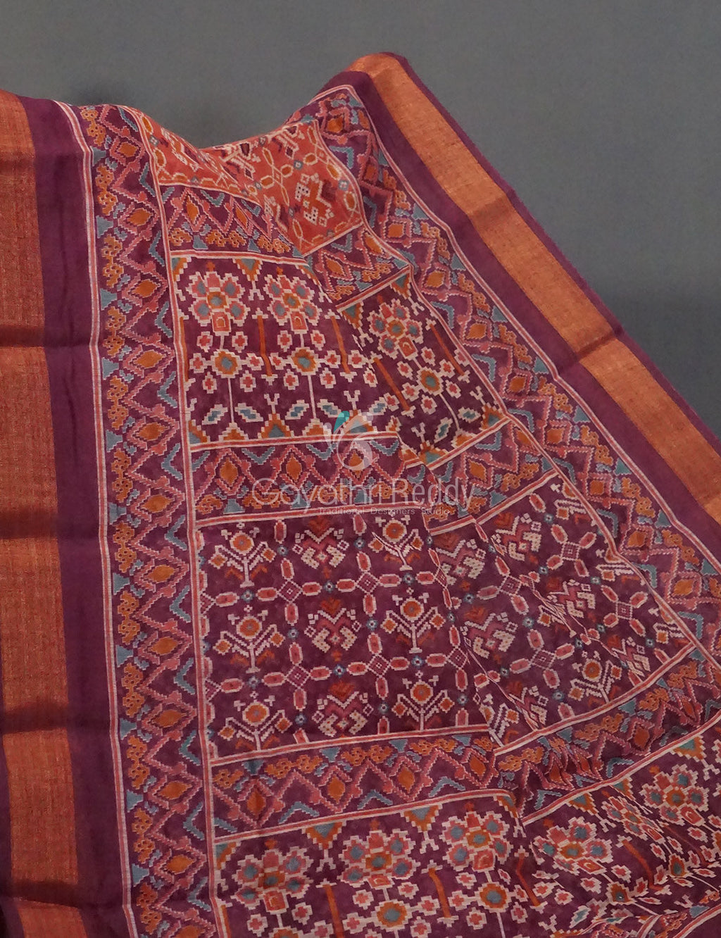 Orange And Mauve Burgundy Colour Patola Print Semi Chanderi Saree By Gayathri Reddy Designer Studio | Grocsy