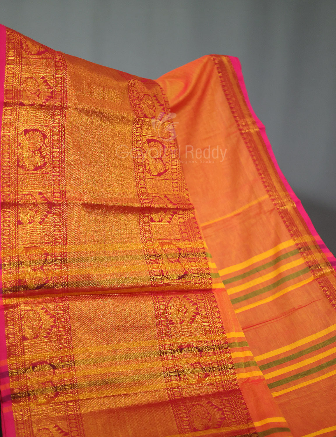 Kalanetha Orange With Zari Kanchi Style Pure Narayanpet Cotton Saree By Gayathri Reddy Designer Studio | Grocsy