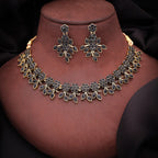 Tehzeeb Creations Special Exquisite White & Black Studded Gold-Polished Choker Necklace Set & Pair of Earring Set | Grocsy