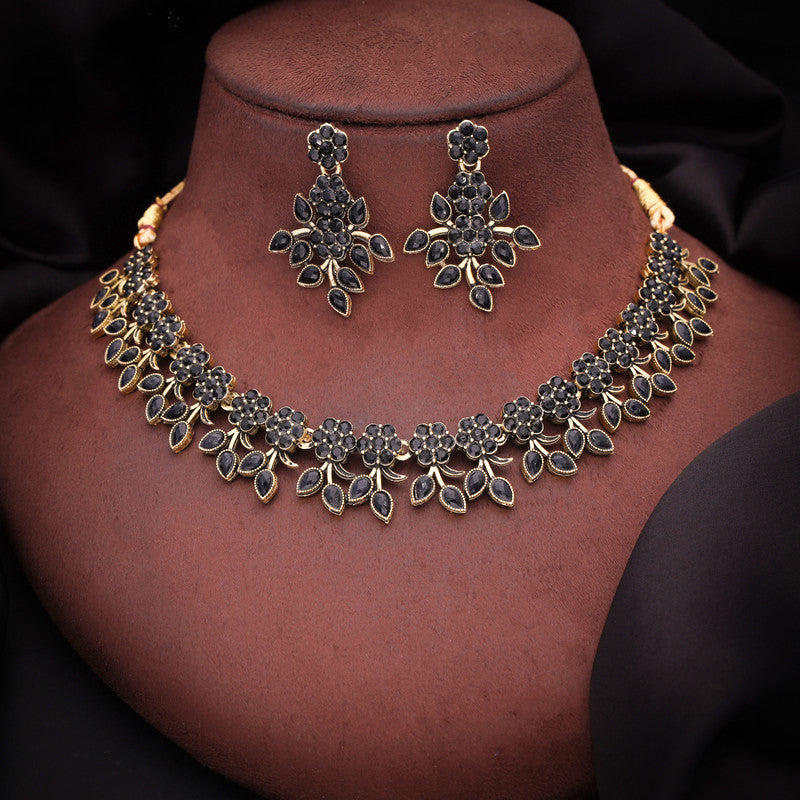 Tehzeeb Creations Special Exquisite White & Black Studded Gold-Polished Choker Necklace Set & Pair of Earring Set | Grocsy