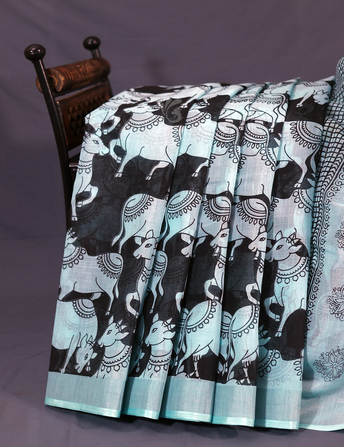 Gleaming Sea Blue And Black Pichwai Print Cotton Linen Saree By Gayathri Reddy Designer Studio | Grocsy