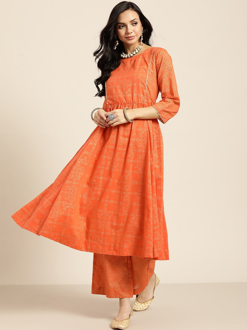 Sangria Women Orange and Golden Ethnic Printed Pure Cotton Kurta with Palazzos | Grocsy