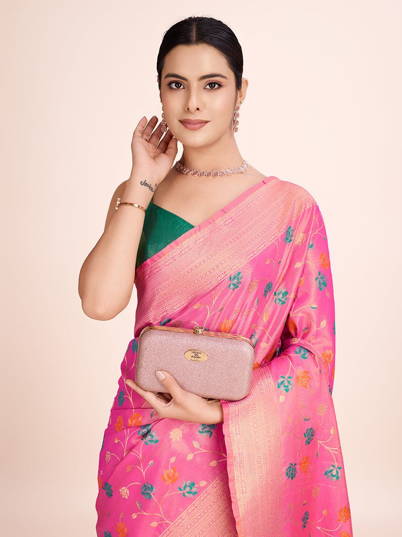 Monjolika Fashion Exquisite Designs With This Regal Light Pink Rich Look Banarasi Tissue Silk Saree | Grocsy