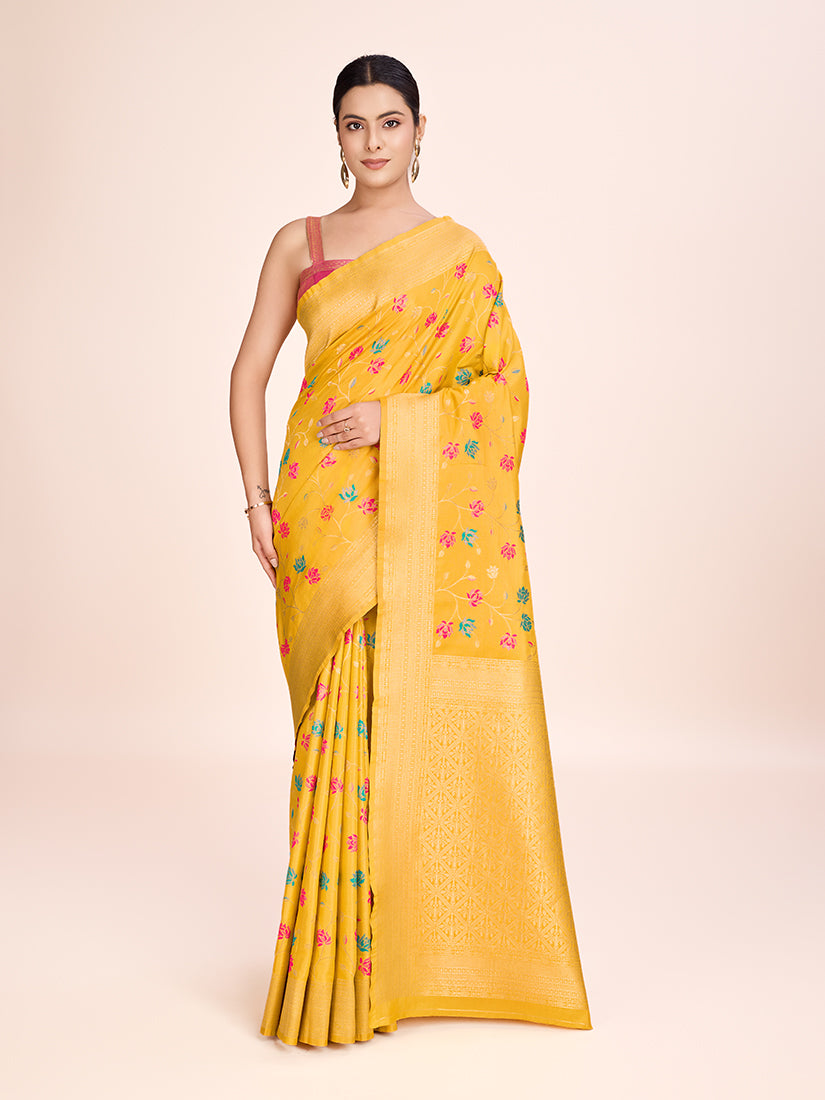 Monjolika Fashion Exquisite Designs With This Regal Yellow Rich Look Banarasi Tissue Silk Saree | Grocsy