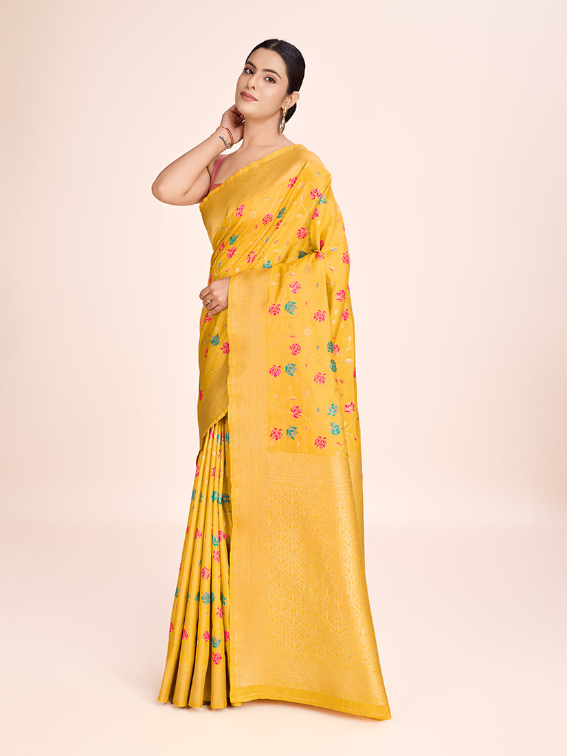 Monjolika Fashion Exquisite Designs With This Regal Yellow Rich Look Banarasi Tissue Silk Saree | Grocsy