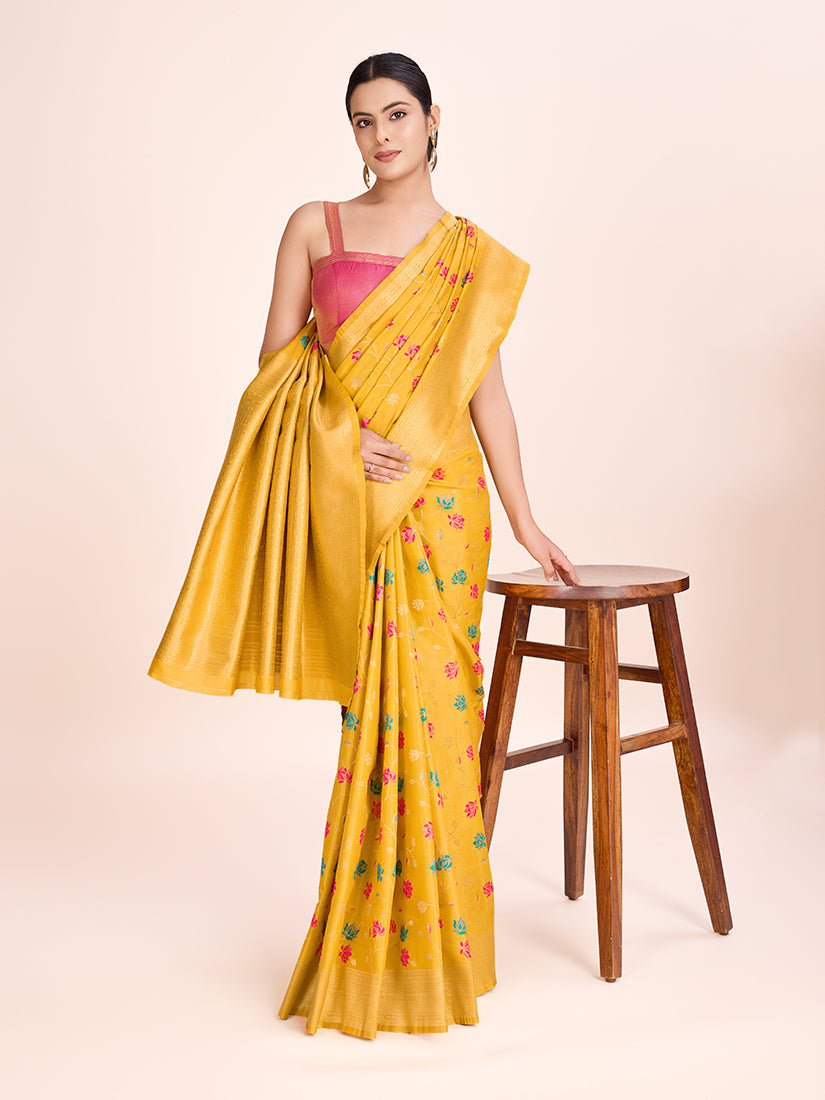 Monjolika Fashion Exquisite Designs With This Regal Yellow Rich Look Banarasi Tissue Silk Saree | Grocsy